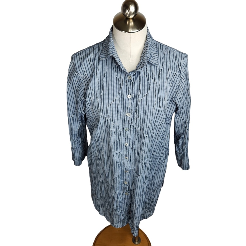 Cut Loose Easy Tunic‎ Shirt Womens Medium Crinkle Textured Button Up Blue Stripe